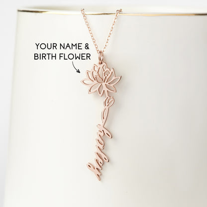 Birth Flower Name Necklace, Custom Name Jewelry, Floral Name Necklace