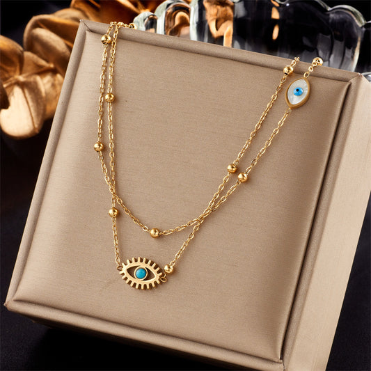 Minority Fashion Design Double-layer Mix Chain Golden Balls Titanium Steel Drop Oil Hollow Blue Eyes Pendant Necklace