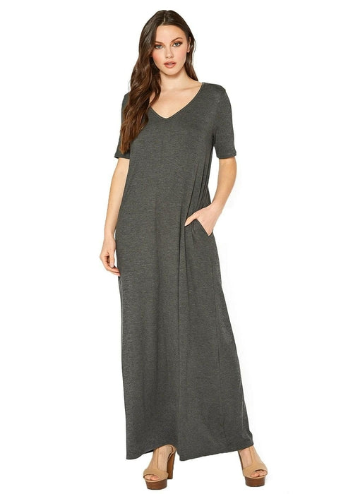 V-neck Short Sleeve Maxi Dress With Pockets