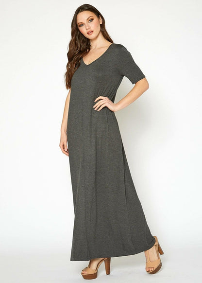 V-neck Short Sleeve Maxi Dress With Pockets