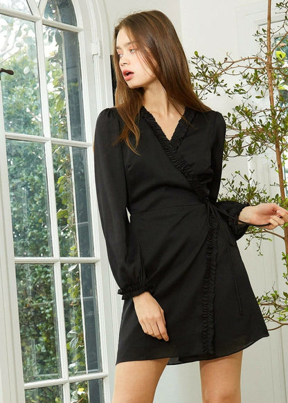 Women's Ruffle Trim Long Sleeve Wrap Dress in Black