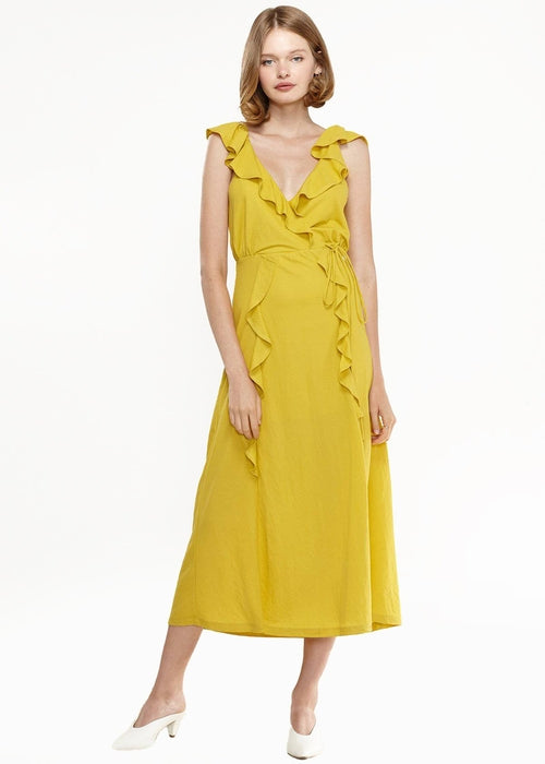 Women's Ruffle Trim Wrapped Maxi Dress in Mustard