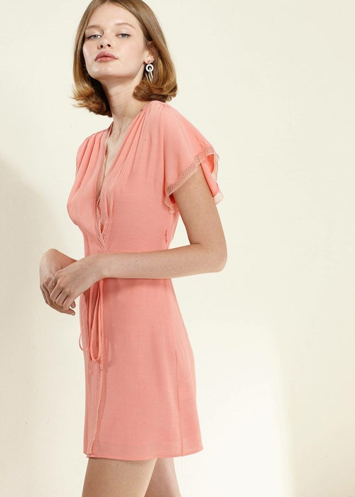 Women's Lace Trim Wrap Dress in Coral