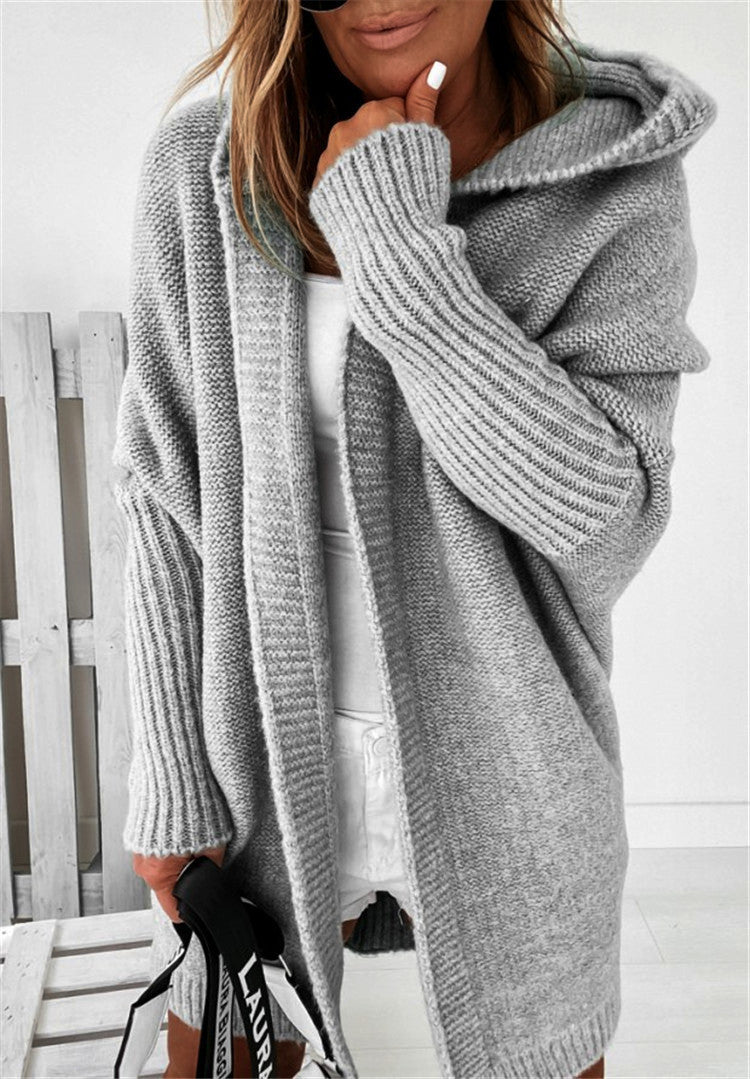 Fashion Bat Sleeve Hooded Cardigan Oversized Loose Temperament Solid Color Sweater Womens Clothing