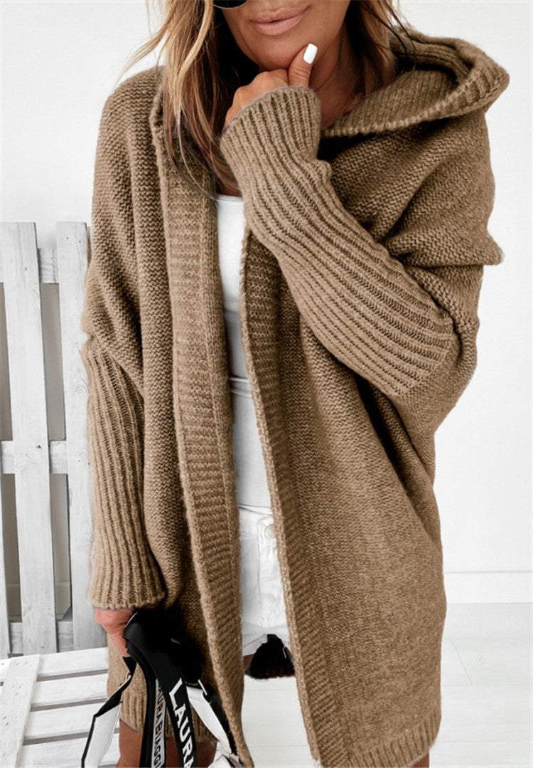 Fashion Bat Sleeve Hooded Cardigan Oversized Loose Temperament Solid Color Sweater Womens Clothing