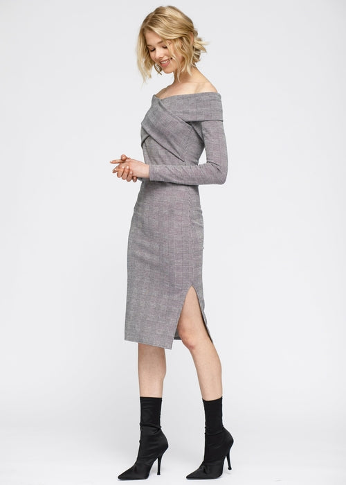 Women's Glen Plaid Off Shoulder Crisscross Dress In Grey Black