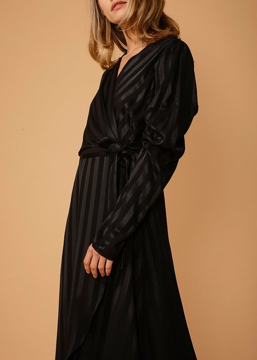 Women's Puffy Shoulder Dress in Black Stripe