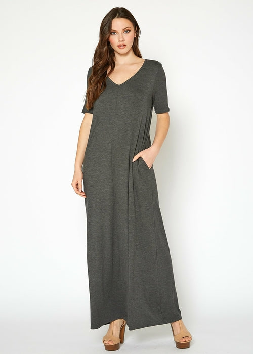 V-neck Short Sleeve Maxi Dress With Pockets