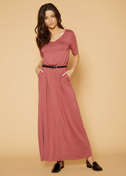 V-neck Short Sleeve Maxi Dress With Pockets