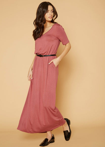 V-neck Short Sleeve Maxi Dress With Pockets