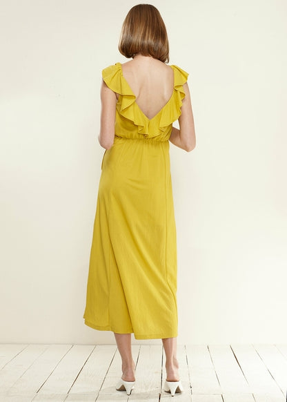 Women's Ruffle Trim Wrapped Maxi Dress in Mustard