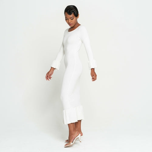 MARJORIE Bamboo Ruffle Dress, in Off-white