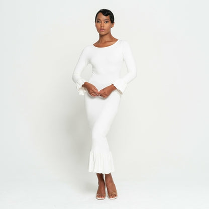 MARJORIE Bamboo Ruffle Dress, in Off-white