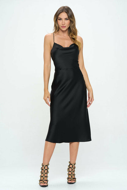 Satin Bias Midi Dress with Criss Cross Back