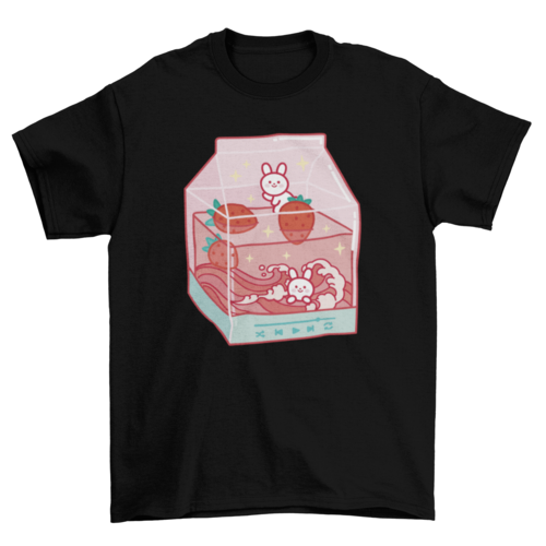 Strawberry milk drink with cute rabbits on a milk carton t-shirt