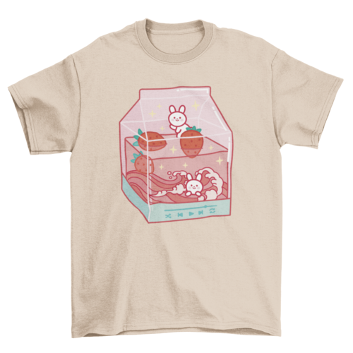 Strawberry milk drink with cute rabbits on a milk carton t-shirt