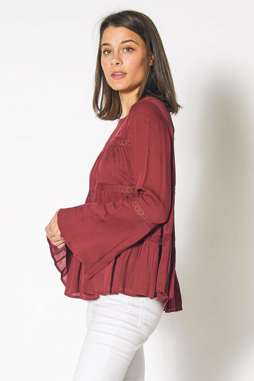 Bell Sleeve Tiered Blouse in Red Cordovan