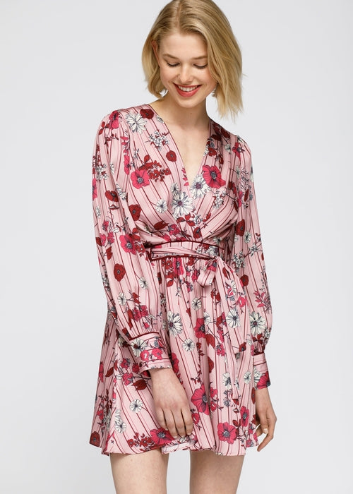 Women's Pajama floral Satin Wrap Front Flared Dress