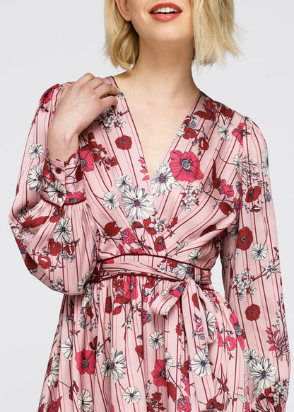 Women's Pajama floral Satin Wrap Front Flared Dress