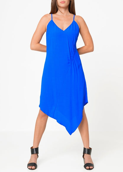 Solid Asymmetrical Hem V-neck Dress in Blue