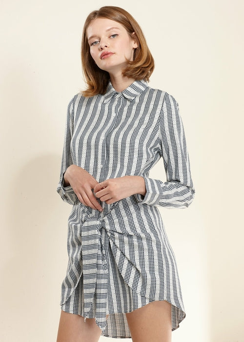 Women's Lace Trim Wrapped Shirt Dress in Ditsy Gingham