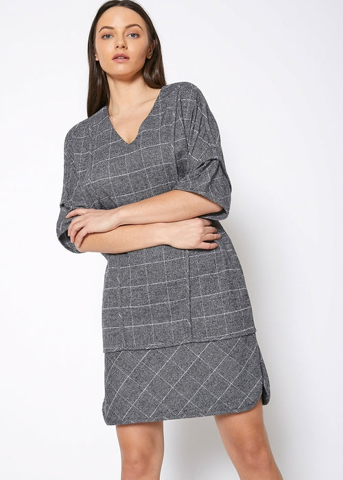 V-Neck Brushed Cotton Check Dress In Grey Plaid