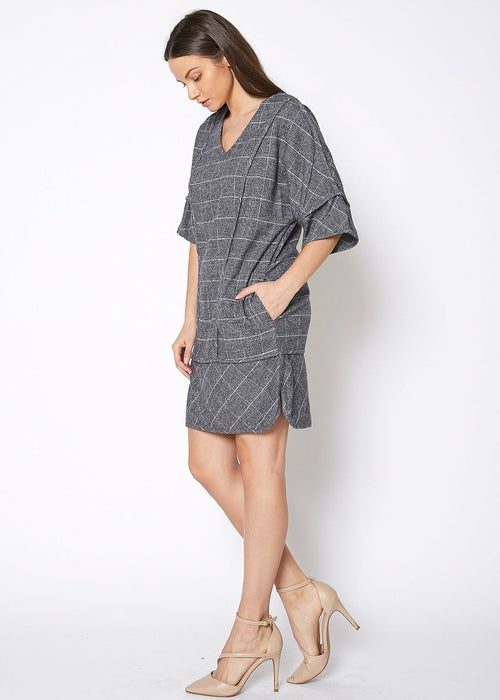 V-Neck Brushed Cotton Check Dress In Grey Plaid