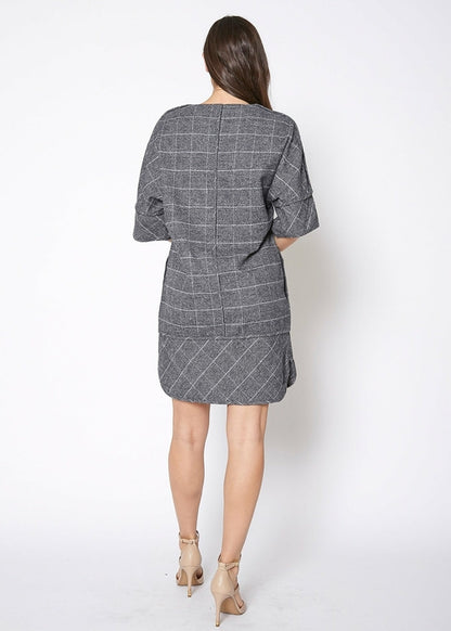 V-Neck Brushed Cotton Check Dress In Grey Plaid