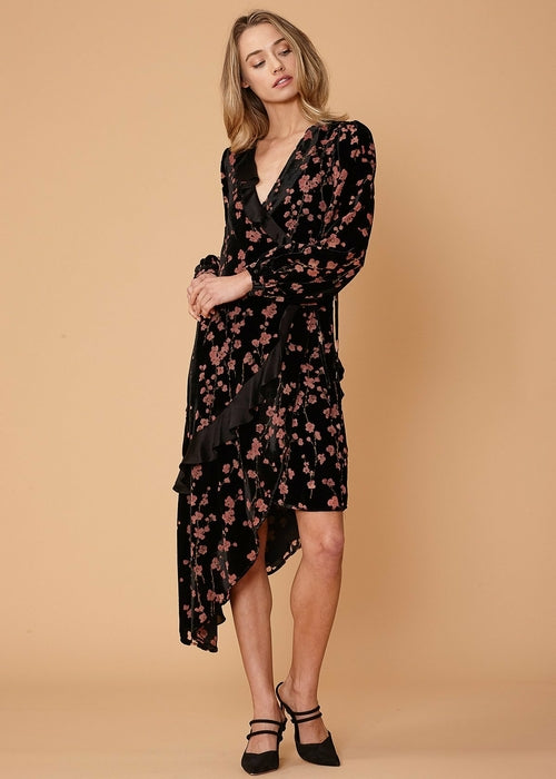 Women's Velvet Asymmetric Wrap Dress in Falling Floral