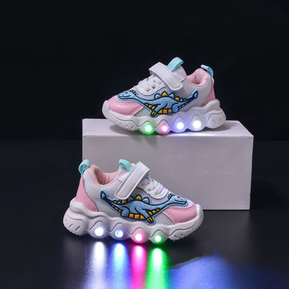 Cartoon Dinosaur Children Sneaker Boys And Girls Mesh Breathable LED Light Light Shoes