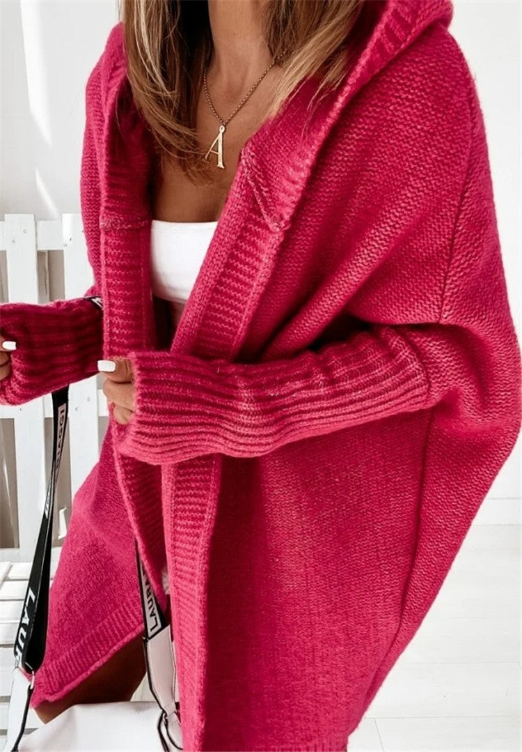 Fashion Bat Sleeve Hooded Cardigan Oversized Loose Temperament Solid Color Sweater Womens Clothing