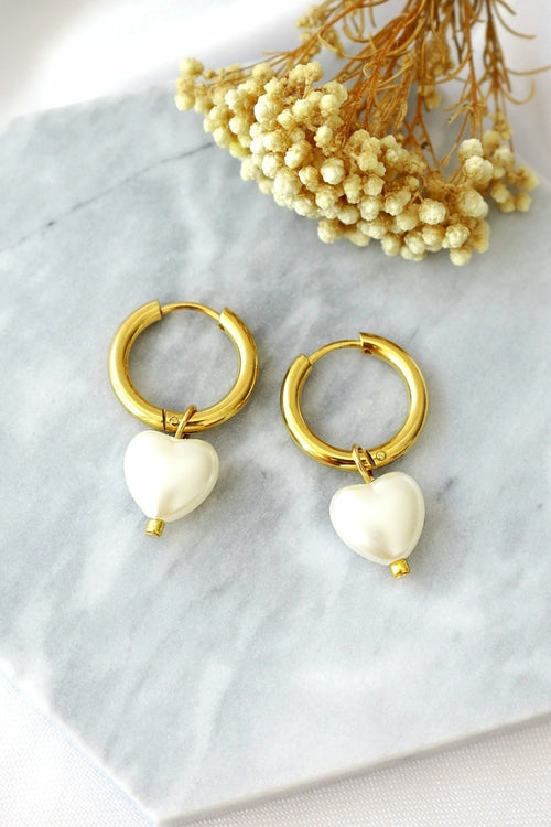 24K Pearl Hearts Hoop Earrings