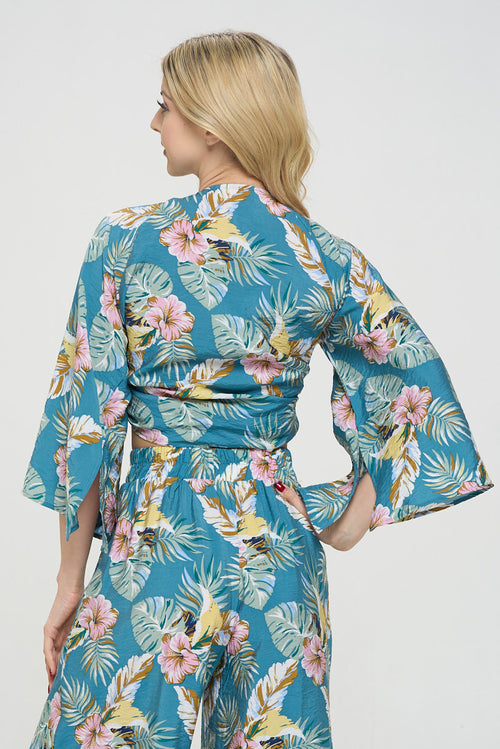 Tropical Print V neck 3/4 Sleeve Wrap Top w Tie