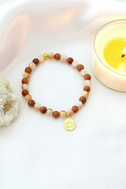 Goldstone Elastic Bracelet | 24K Lotus Flower Charm