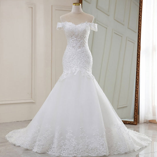 High Waist White Temperament Dream Lace Mid-waist Long Tail V-neck Wedding Dress