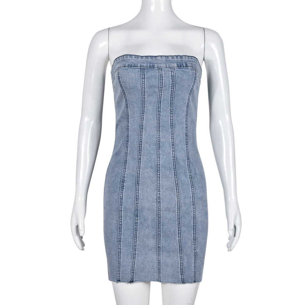 Fashion Backless Tube Denim Dress Summer Sexy Y2K Slim Short Dresses For Women Clothing